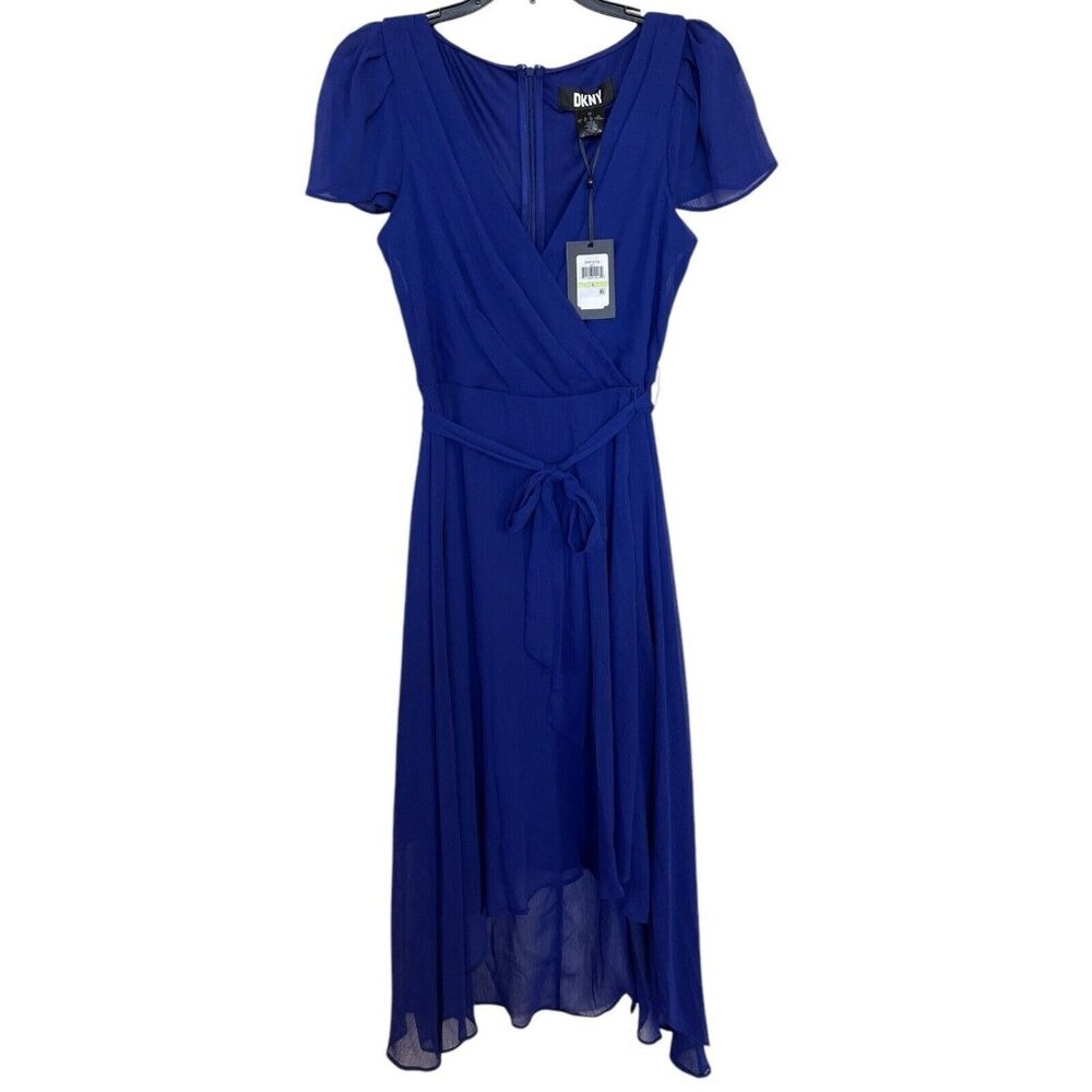 DKNY Dress Womens Size 4 Blue High Low V Neck Short Sleeve Sheer Lined